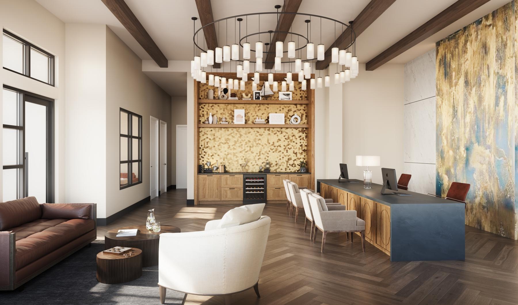 a leasing office with tables, chairs and a couch