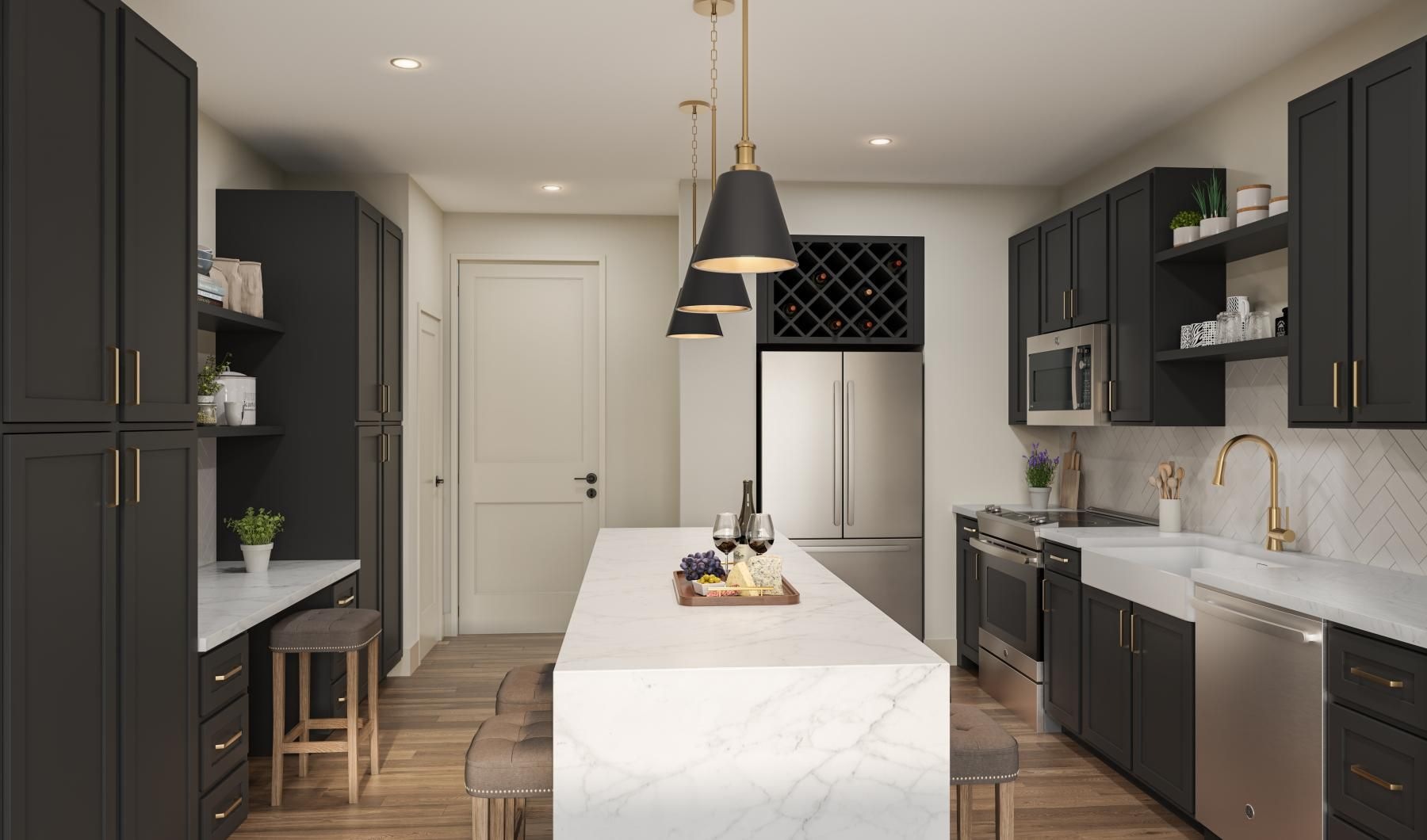 a kitchen with black cabinets