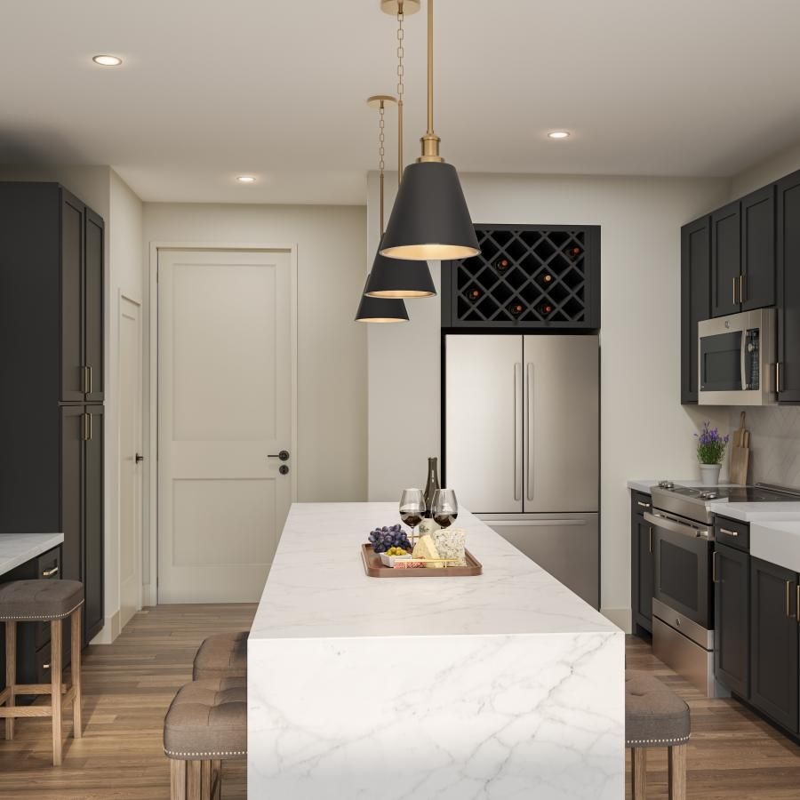 a kitchen with black cabinets
